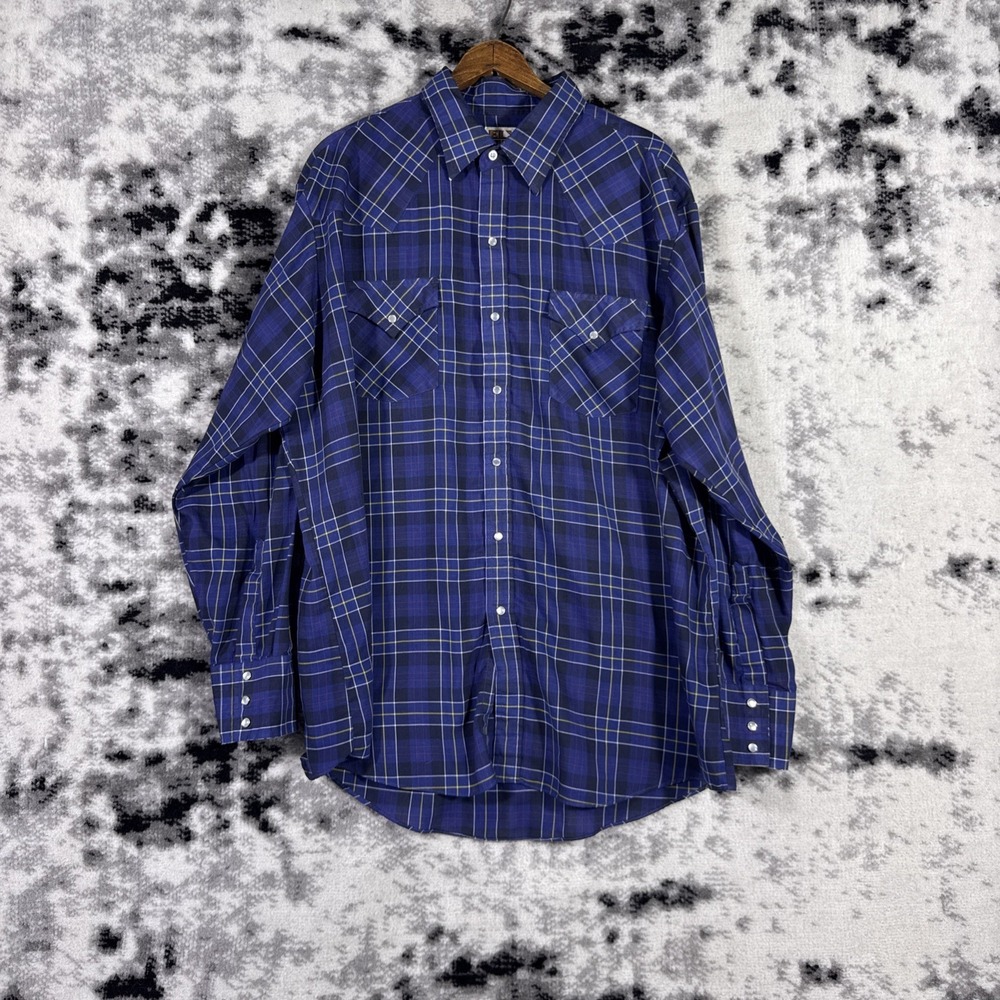 Ely Cattleman Shirt‎ Mens Size Extra Large Blue Plaid Pearl Snap Cowboy Rodeo
